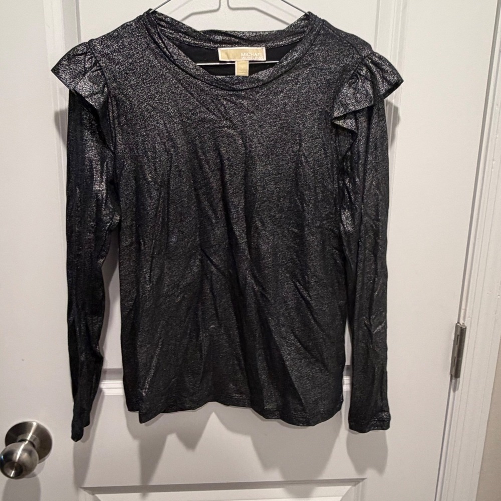 Michael Kors Womens Top Ruffle Shoulder Metallic Black Silver P